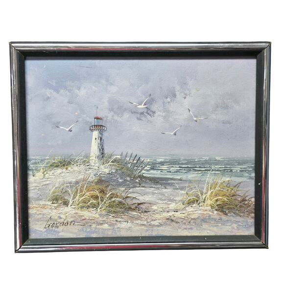 Original Oil Painting Beach Lighthouse Signed Gordon 8' x 10' Wooden Art - Picture 12 of 12
